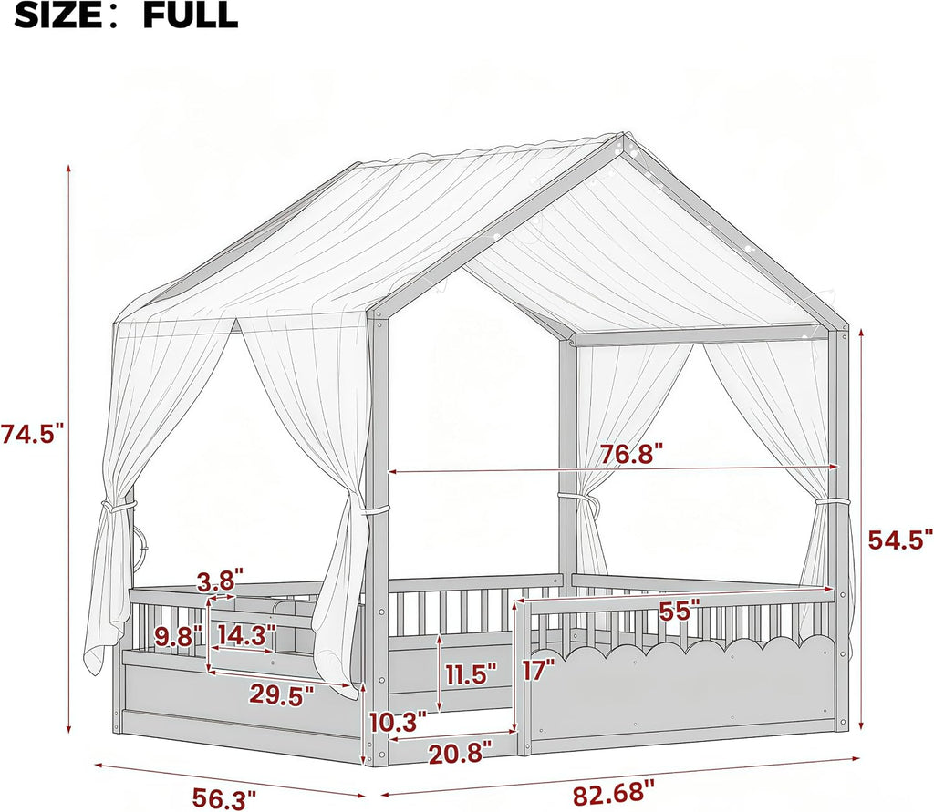 Floor Bed Frame, Wooden Canopy House Bed Frame, White