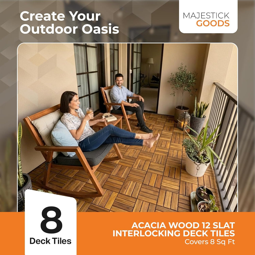 Interlocking Slat Deck Tiles, Acacia Wood Interlocking Deck Tiles - Easy Installation for Patio Flooring & Walkways