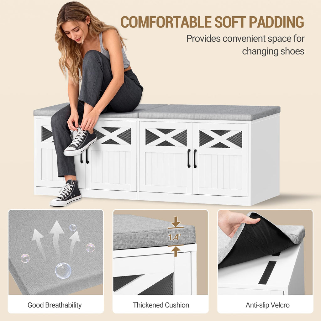 59" Shoe Storage Bench with 4 Barn Doors & Padded Seat Cushion