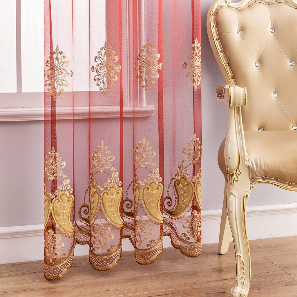 Luxury Embroidered Sheer Curtains for Living Room Burgundy Red Tulle Curtains for Bedroom Transparent Yarn Curtain
