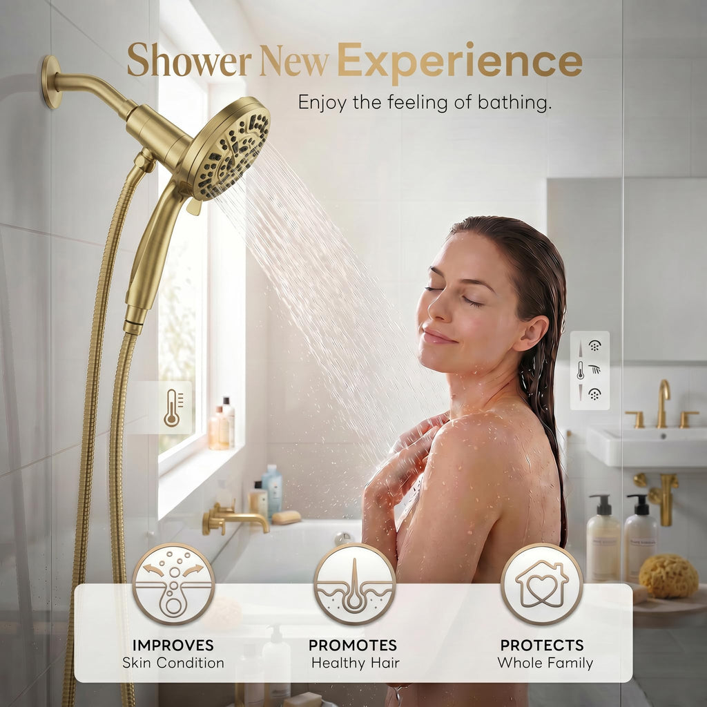 High Pressure Handheld Shower Head Brushed Gold- Anti-clog Nozzles, Built-in Power Wash to Clean Tub, Wall & Overhead