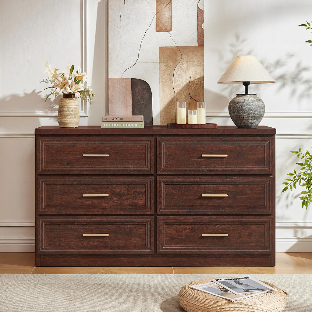 55.1" Wide Farmhouse 6 Drawers Dresser, Walnut