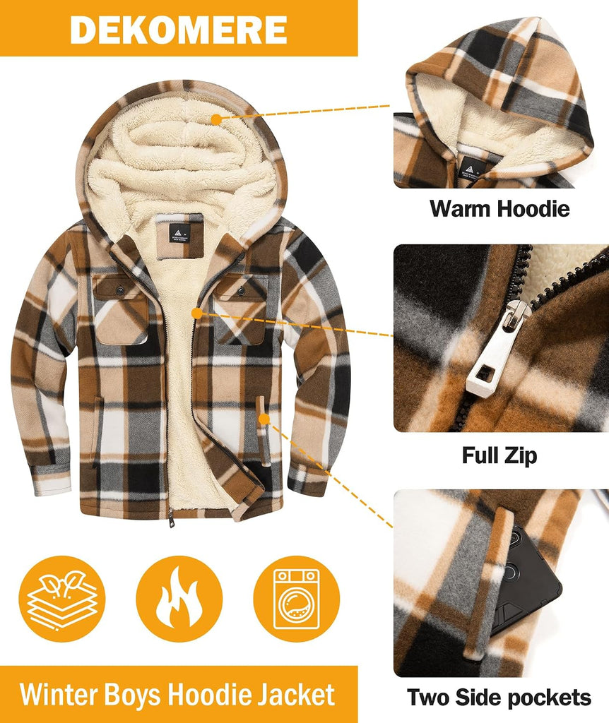 Boys Fleece Jacket with Hood Unisex Child Sherpa Lined Zip Up Warm Coat Hooded Sweatshirt Outerwear