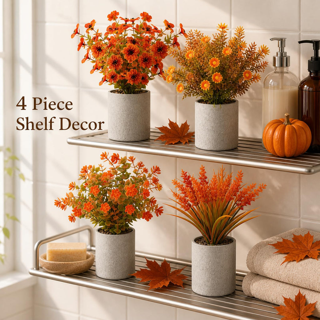 4 Packs Artificial Fall Plants in Pot, Autumn Bathroom Home Decor, Orange