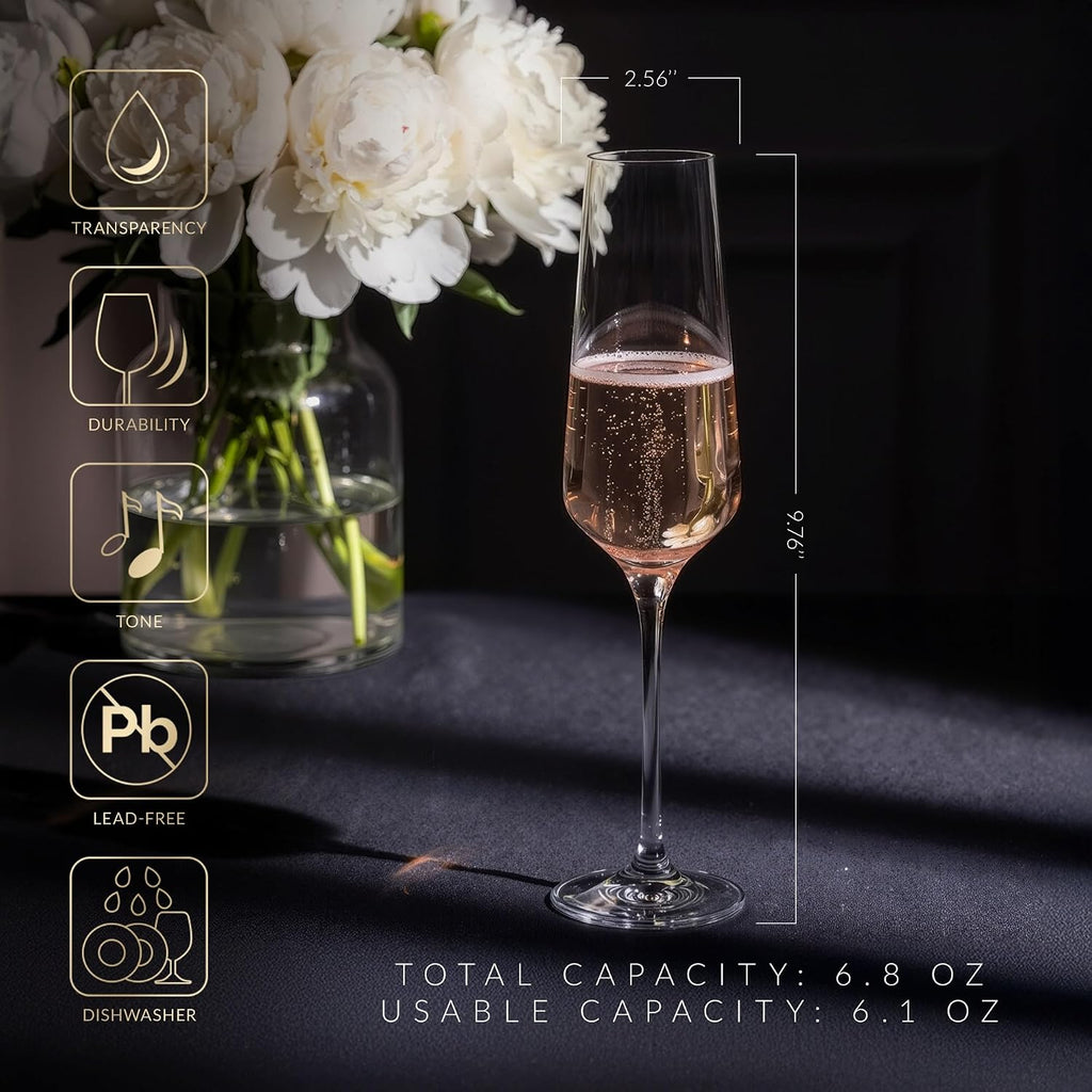 Crystal Champagne Flute Glass | Set of 6 | 6.1 oz | Avant-Garde Collection | Perfect , Restaurants and Parties |