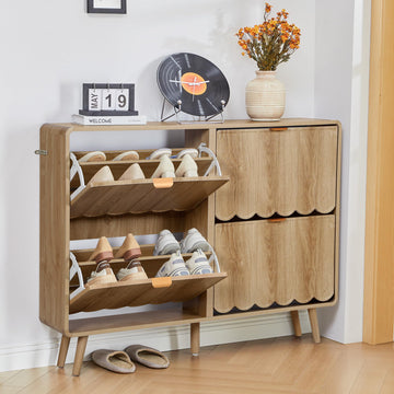 Shoe Storage Cabinet with 4 Flip Drawers, Freestanding Narrow Wood Shoe Cabinet with Wave Panel, Hidden Shoe
