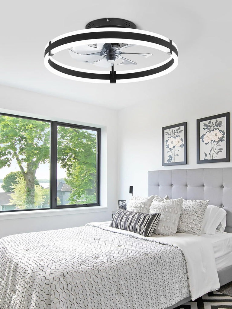 Ceiling Fans with Lights and Remote, 19.7'' Low Profile Ceiling Fan, 3000-6000K Dimmable Modern Flush Mount LED Fan Light, 6 Wind Speeds, Black Fandelier Ceiling Fans for Bedroom A101-B0DBHGKLLQ