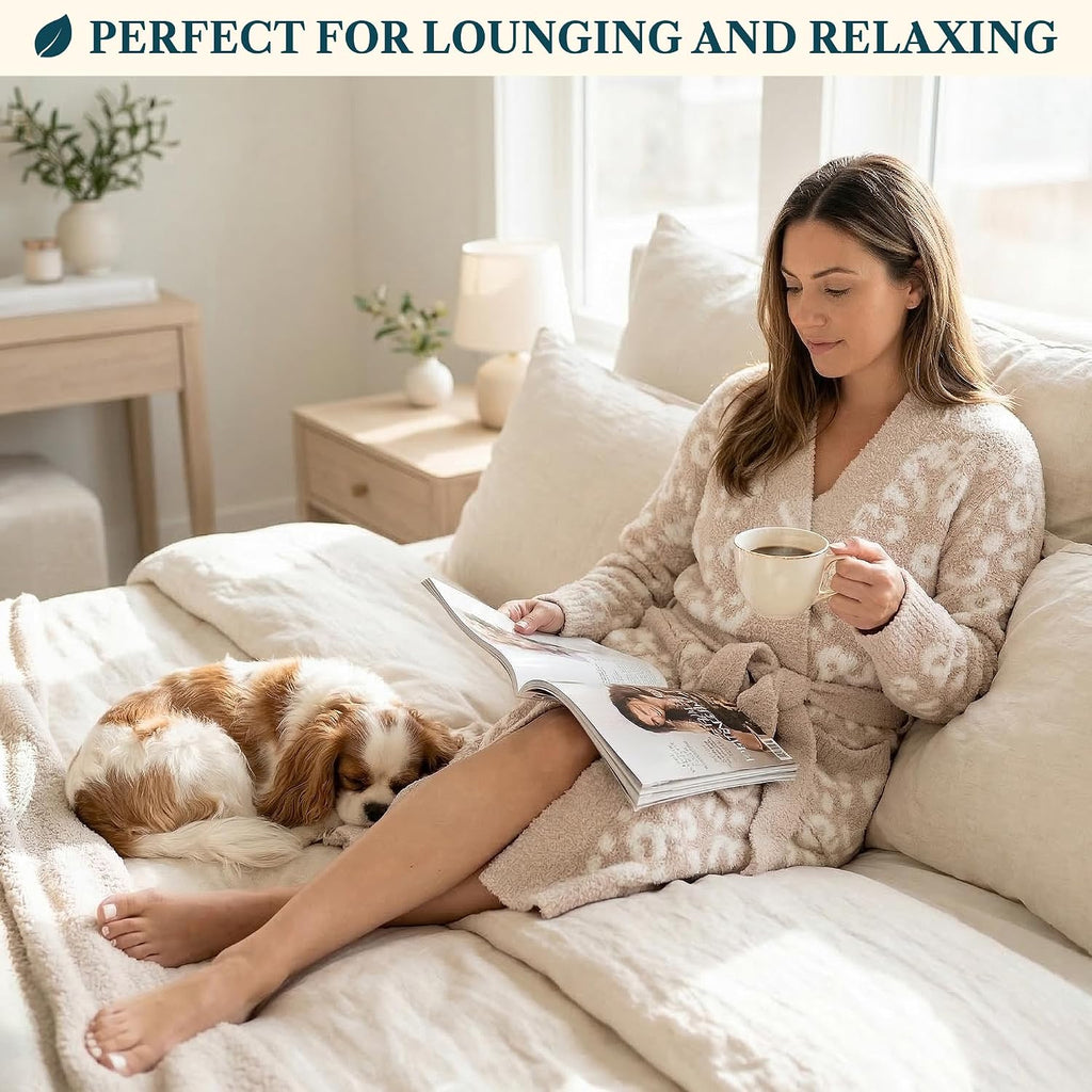 Premium Plush Robe for Women, Soft Cozy Fuzzy Bathrobe with Pockets, Warm Mid-Length Lounge Robe with Tie Belt
