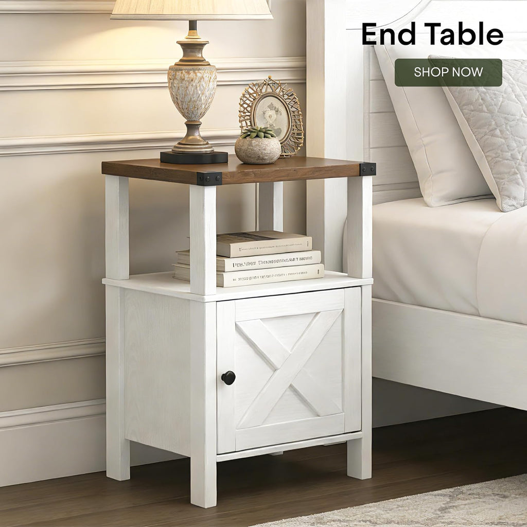Farmhouse Nightstands with Charging Station, Rustic Vintage Side End Table with Storage, Wood Side Table with Barn