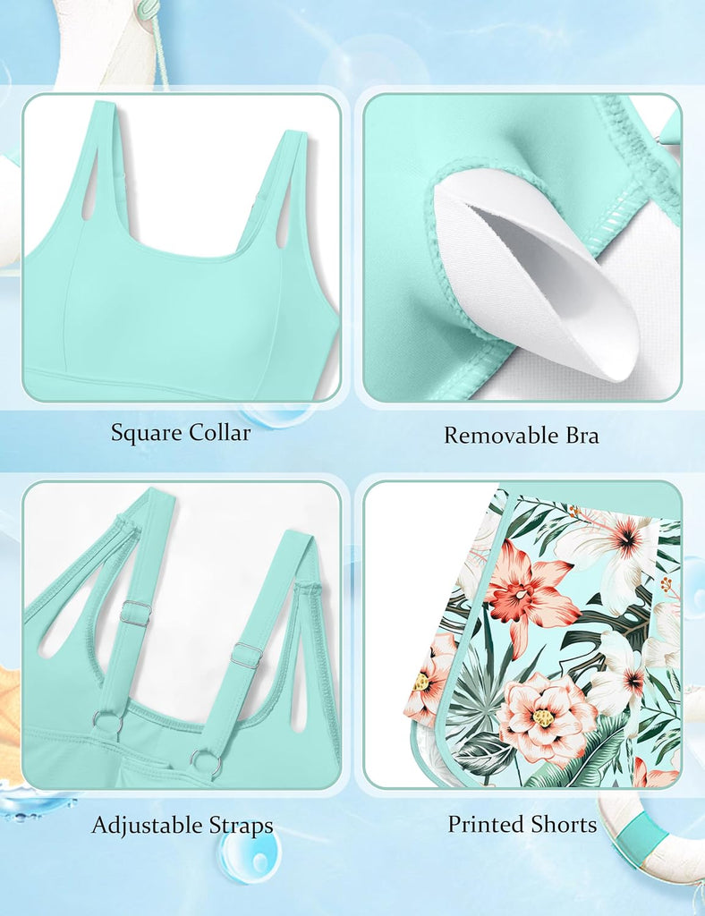 Girls Tankini Swimsuit 3 Piece Bathing Suits for Girl Square Collar Tankinis Set Girls' Swimwear with Print Shorts