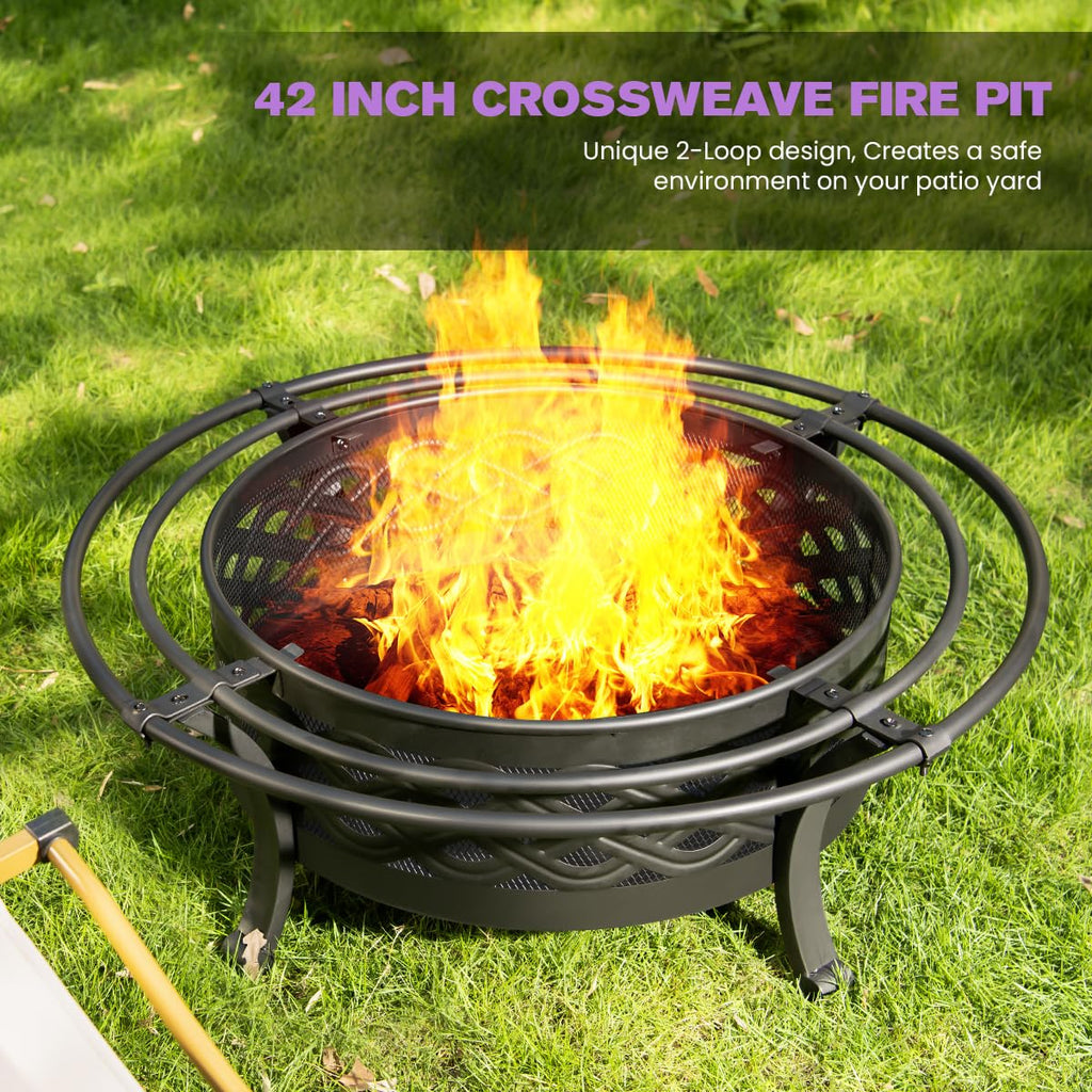 Outdoor Fire Pit with Spark Screen Wood Burning 42 Inch