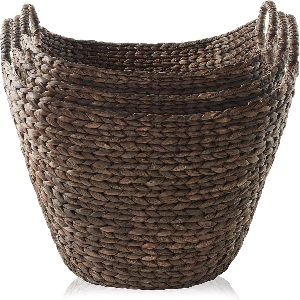 Set of 3 Multipurpose Boat Baskets with Handles - Espresso, Woven Water Hyacinth Storage Organizers for Throw