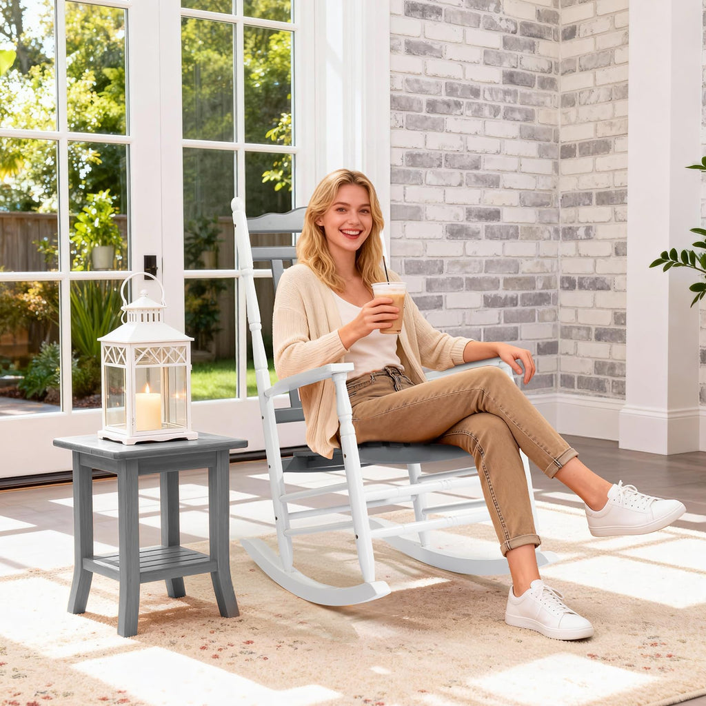 Wooden Rocking Chair Set of 2, Outdoor Rocking Chair, Grey&White