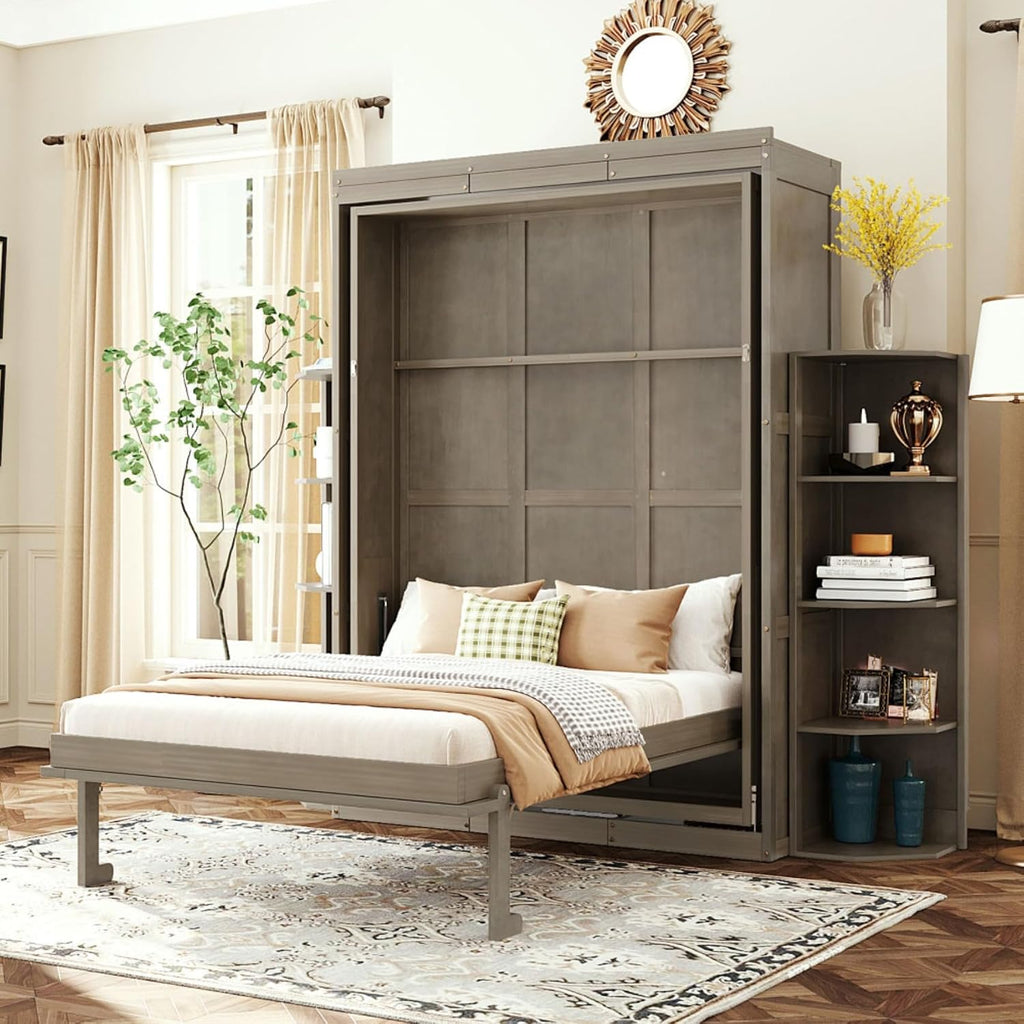 360° Swivel Queen Horizontal Murphy Bed with Desk Combo and Storage Bookshelf, Foldable Murphy Chest Hidden Wall Bed