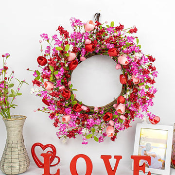 22 Inches Valentine Wreath Red Valentines Wreaths for Front Door Valentine's Day Flower Wreath with Tulips Heart