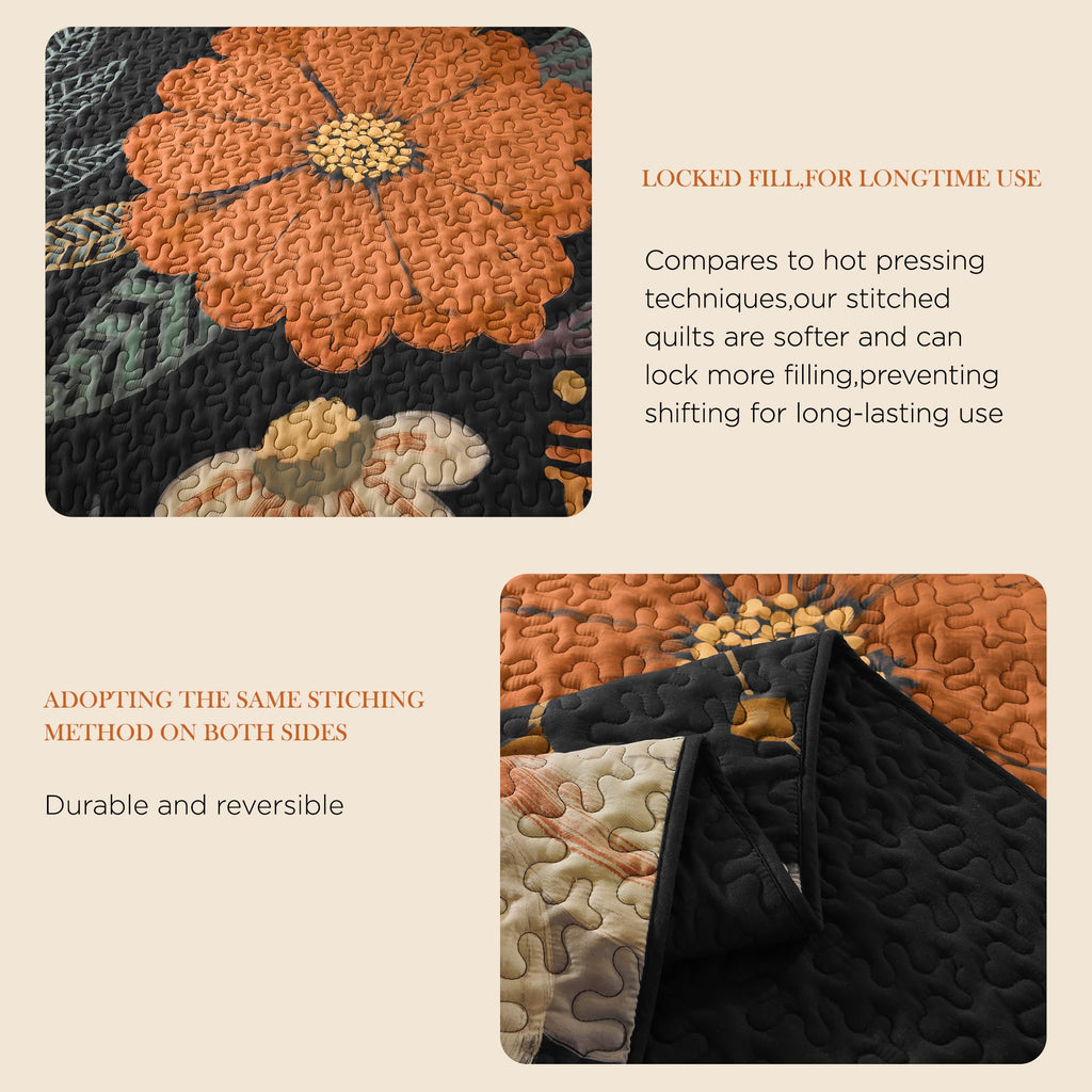 Quilt Queen Size, Black Floral Boho Summer Bedspread 3 Pieces