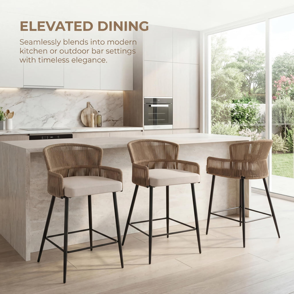 Farmhouse Woven Bar Stool, 26 Inch Linen Upholstered Rattan Barstool with Curved Backs, Modern Cane Counter Height