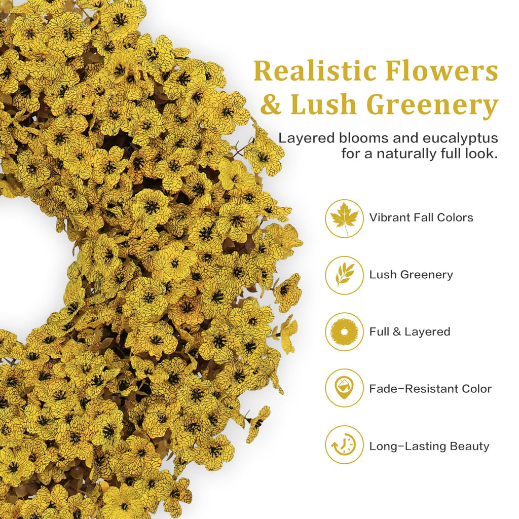 20" Yellow Fall Wreath for Front Door, Artificial Mums Autumn Wreath