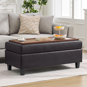 45" Faux Leather Storage Ottoman Bench with Wooden Tray, Dark Brown Large Upholstered Foot Stool, Multifunctional