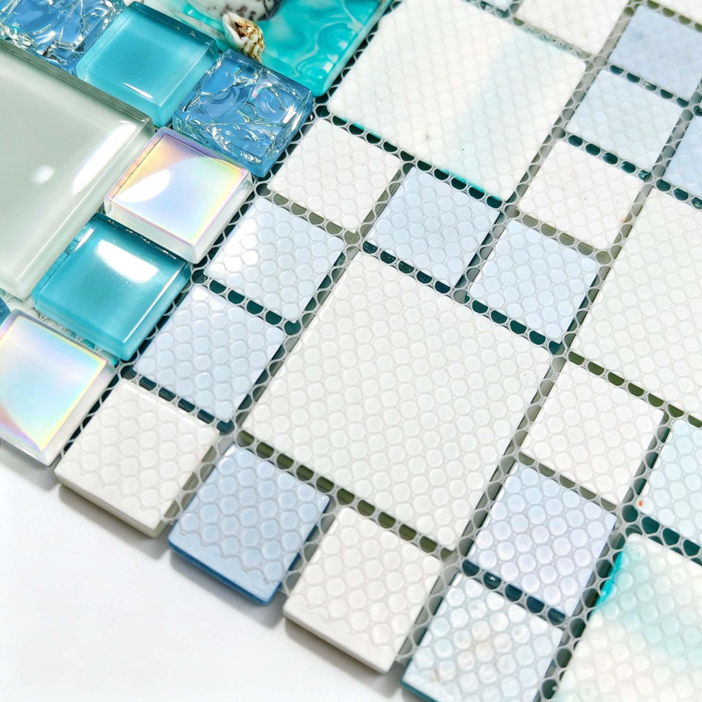 Coastal Glass Mosaic Tile, Blue Iridescent, 5 Sq Ft