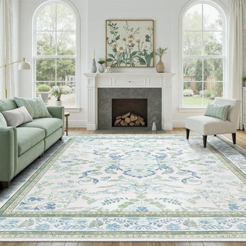 Green 8x10 Rug, Kid & Pet Friendly with Rubber Back Non Slip, Machine Washable Stain Resistant Botanical Floral Rug