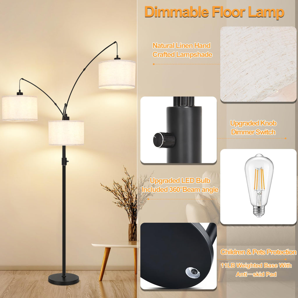 Dimmable Arc Floor Lamp-3 Lights Floor Lamps, Modern Tall Standing Lamp with Beige Drum Shades&Heavy Base, Mid Century