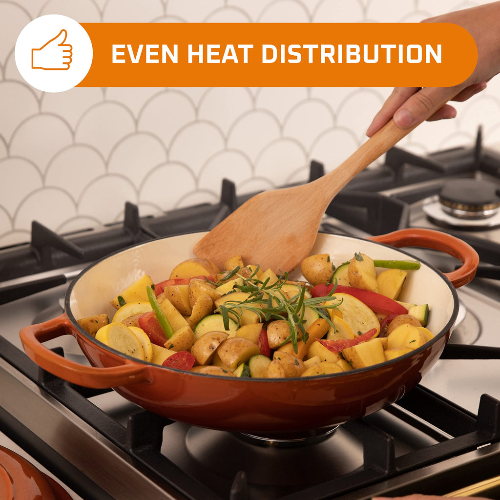 Cast Iron Dutch Oven Pot with Lid - 3.8 Qt Shallow Braising Pan with Handles for Stews - Enameled Casserole Dish