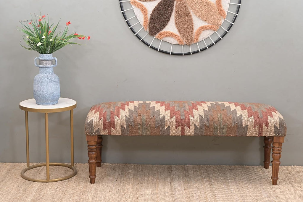 Acacia Wood Kilim Jute Fabric Upholstered Bench | Southwestern Pattern Wooden Ottoman with Turned KD Legs , End of