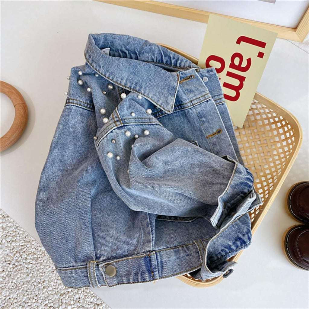 Girls Pearl Jean Jacket Toddler Denim Jacket Kids Button Down Denim Top Coat Embroidered Outwear