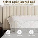 King Bed Frame with Velvet Upholstered Headboard, Platform Bed with Strong Wood Slats, Mattress Foundation