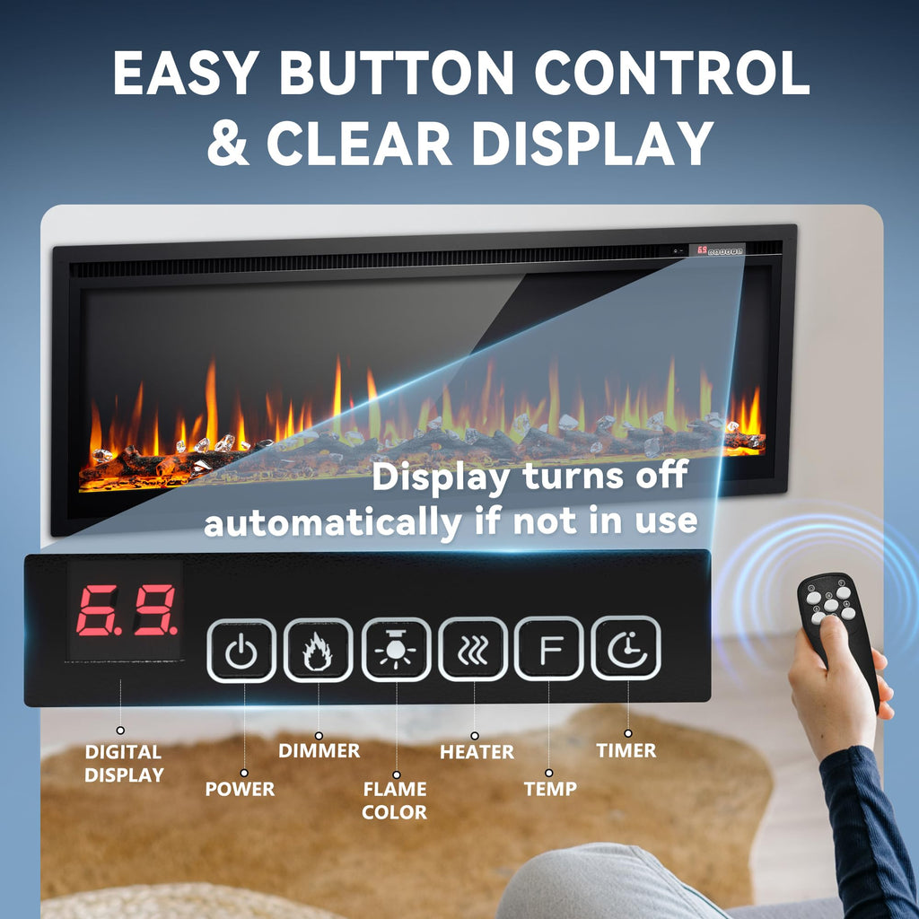 50 Inch Electric Fireplace Recessed Wall Mounted Freestanding