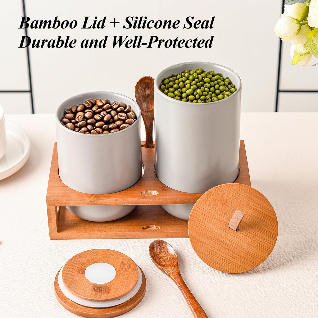 Gray Ceramic Canister Set of 2 with Bamboo Lids, Wooden Stand & Spoons - 35oz & 28oz Airtight Food Storage Jars for