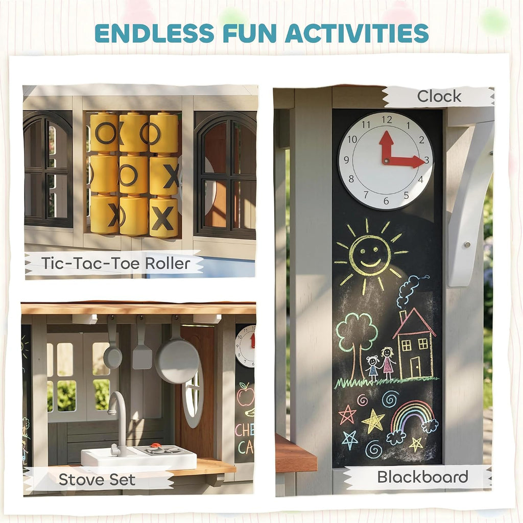 Outdoor Playhouse Wooden Kids Playhouse with Dog Door Ages 2+ Gray | Kids Cottage, Cookware, Blackboard, Clock