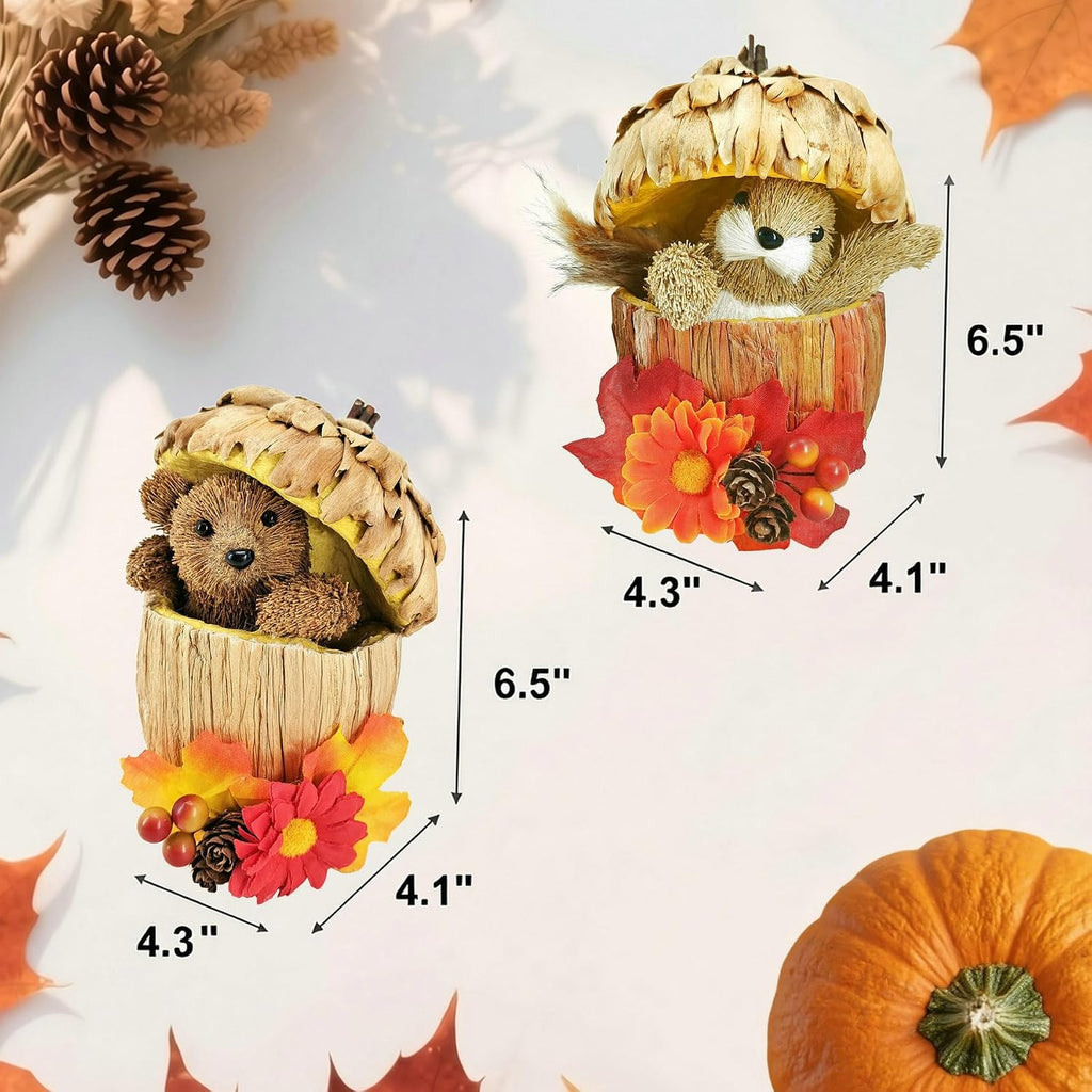 6.5 Inches Acorn Decor of Sisal Bear Squirrel Figurine for Fall - Set of 2