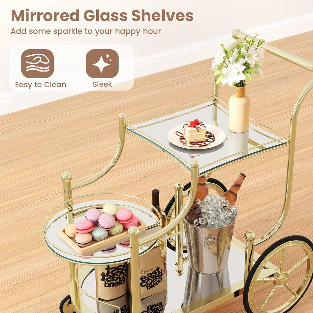 Glass Rolling Bar Cart, 3-Tier Mirrored Serving Bistro Cart with Wheels and Metal Rails, Mobile Wine Drink Cart