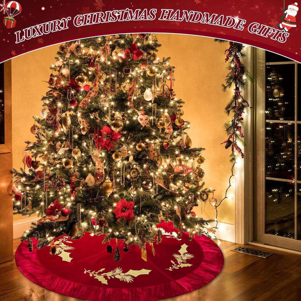 48 Inches Velvet Christmas Tree Skirt Red Wine Luxury Xmas Gold Fur Plush Skirts with Gold Embroidered Holly for