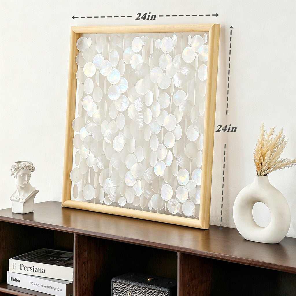 24x24 inch Handmade Capiz Shell Wall Art, Minimalist White Shell Wall Hanging with Wooden Frame, Coastal Wall Decor