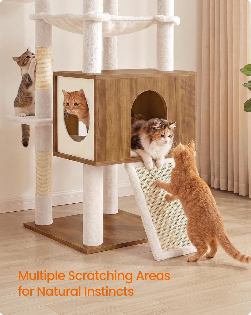 Tall Cat Tree, 8-Tier Wood Tower with 2 Condos, Scratching Post