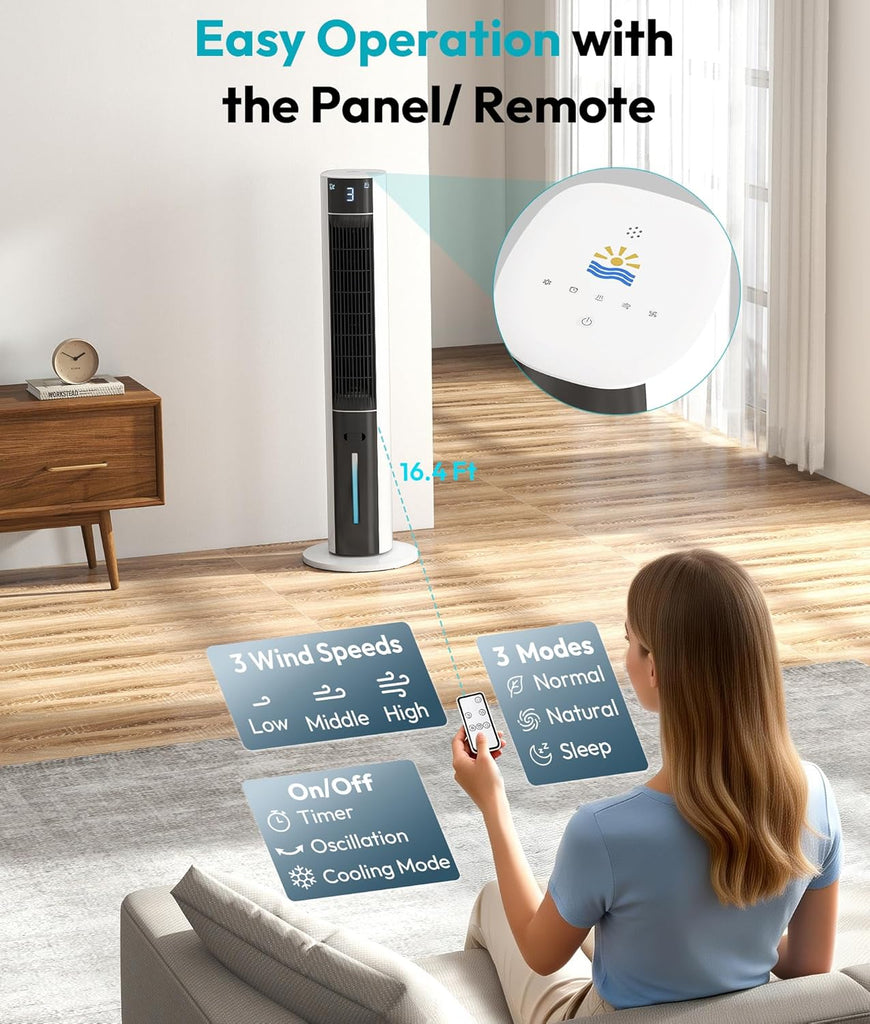 Evaporative Air Cooler - Swamp Cooler with 3L Water Tank, 3 Modes & 3 Speeds, Remote Control, 12H Timer
