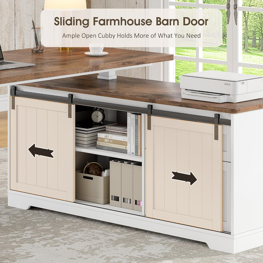 55" Farmhouse L Shaped Standing Desk with Storage Drawers, White | Home Office Electric Remote Work Desk with Cable