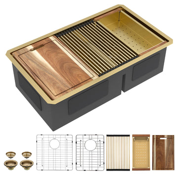 33"x19" Undermount Gold Double Bowl Kitchen Sink Workstation