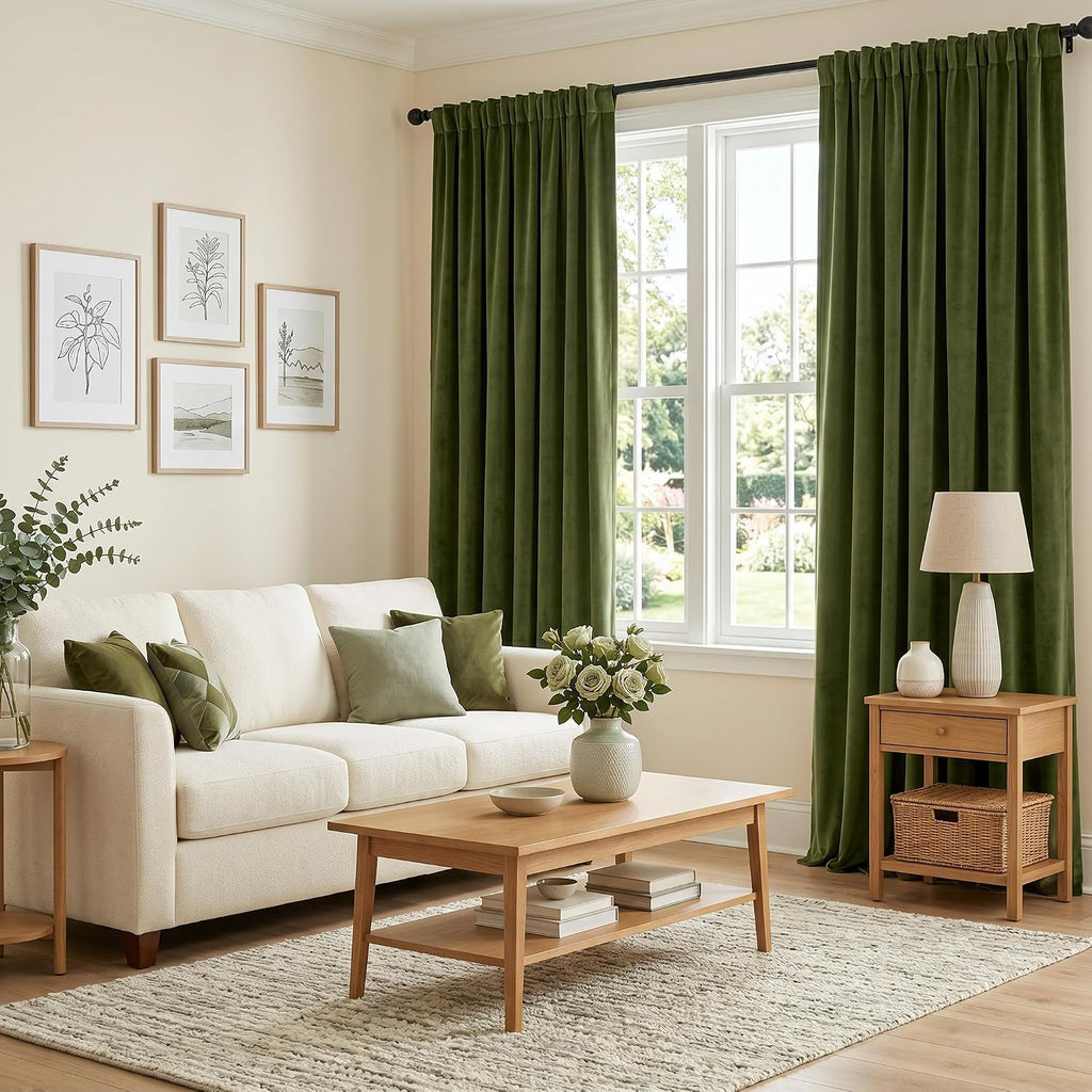 Olive Green Velvet Curtains for Bedroom Window, Super Soft Vintage Luxury Heavy Drapes, Room Darkening Rod Pocket