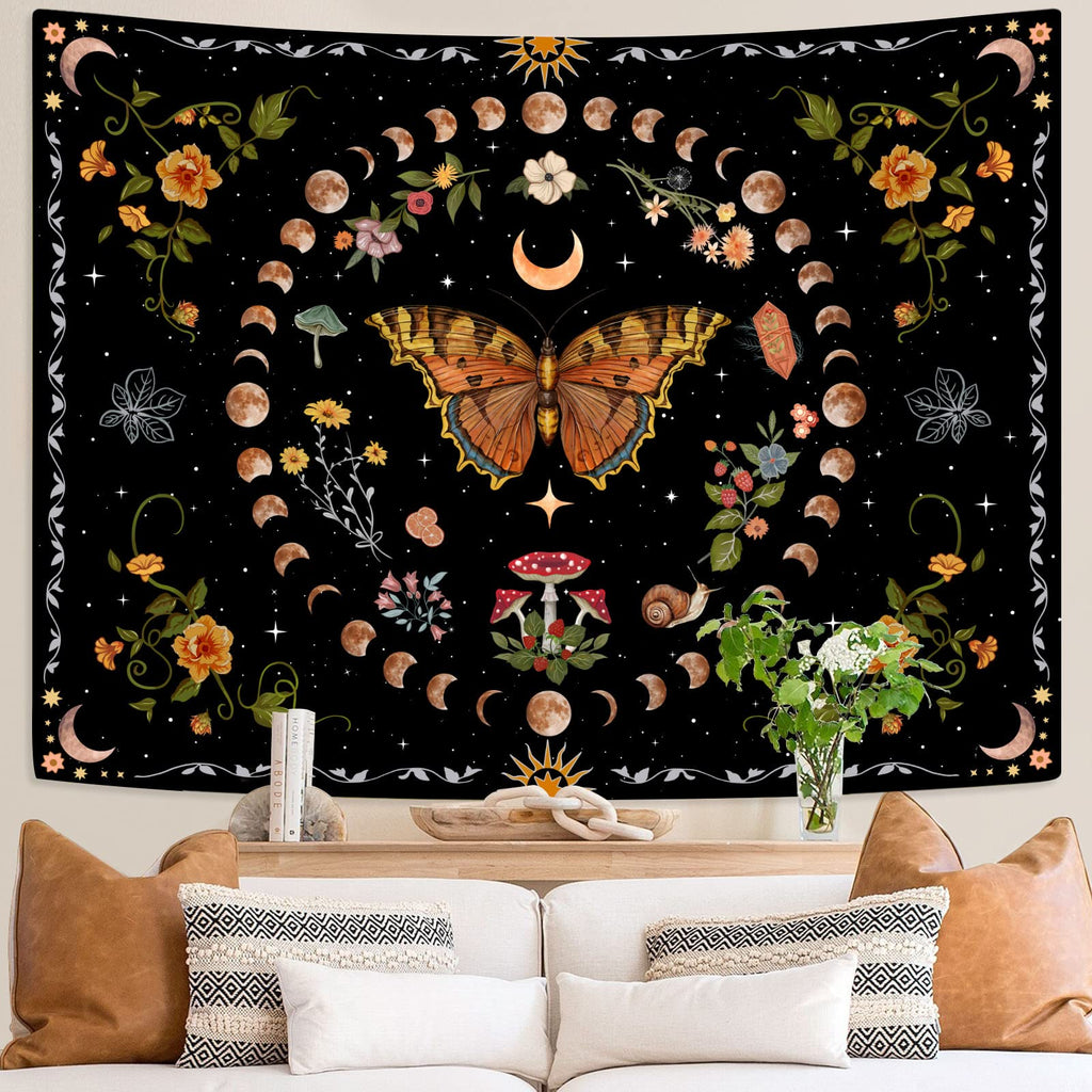 Orange Butterfly Moon Flower Tapestry Botanical Floral Plant Boho Tapestry Aesthetic Vintage Tapestries Wall Hanging