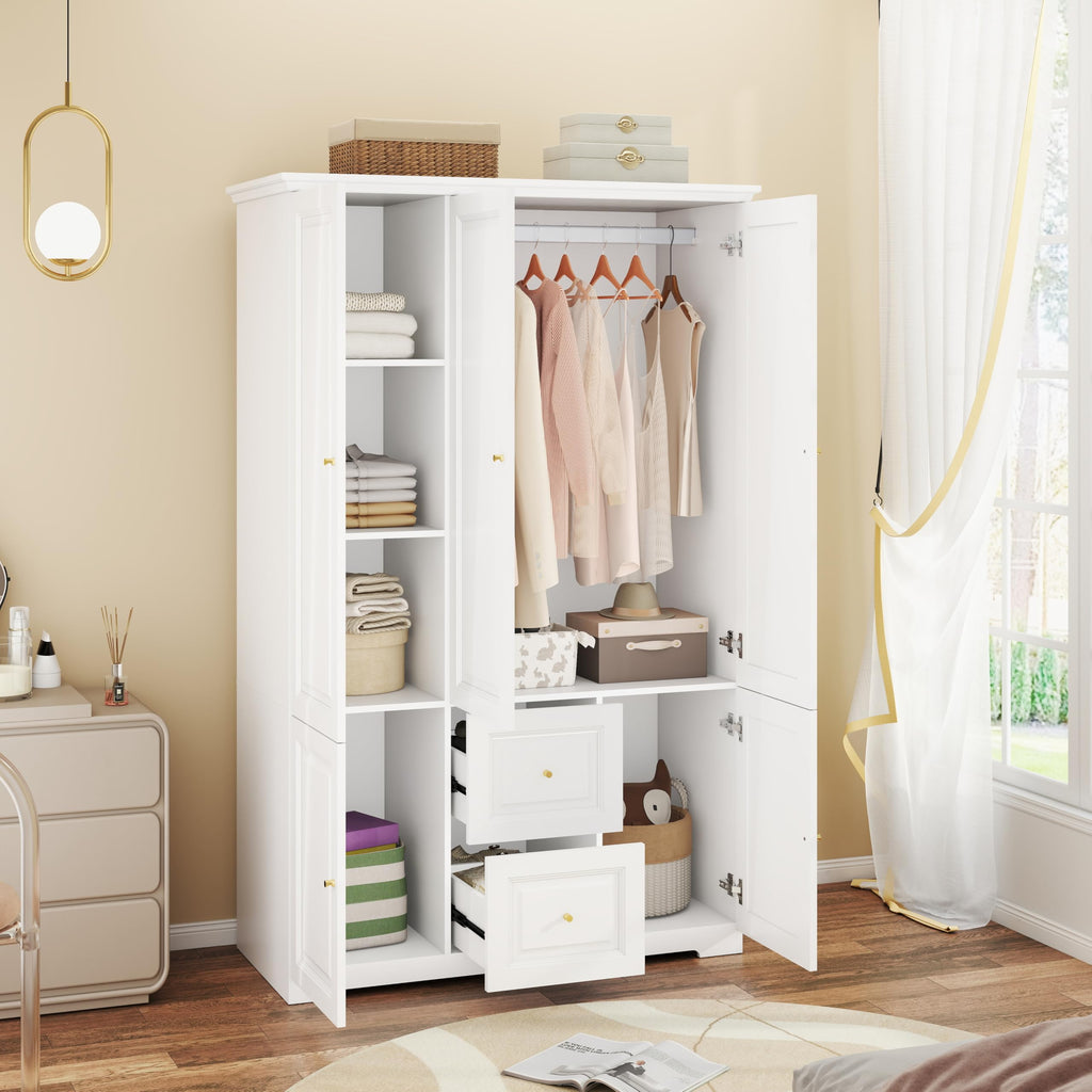 White Armoire Wardrobe Closet with 2 Drawers and 3 Doors, 74" H
