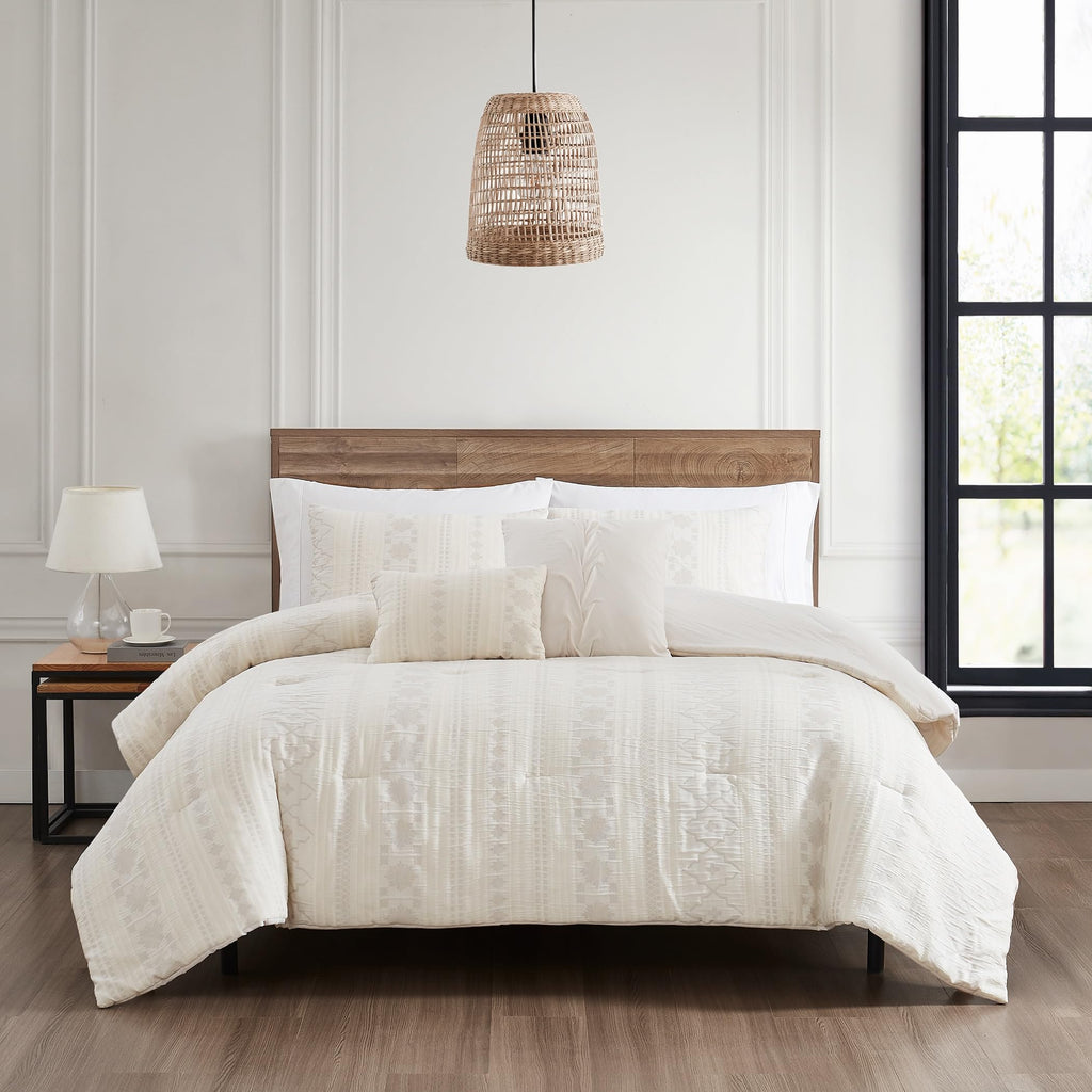 Marcy Ivory Jacquard Comforter Set - 5 Piece Sandstone-Inspired Bedding with Decorative Pillows & Shams, Elegant Soft