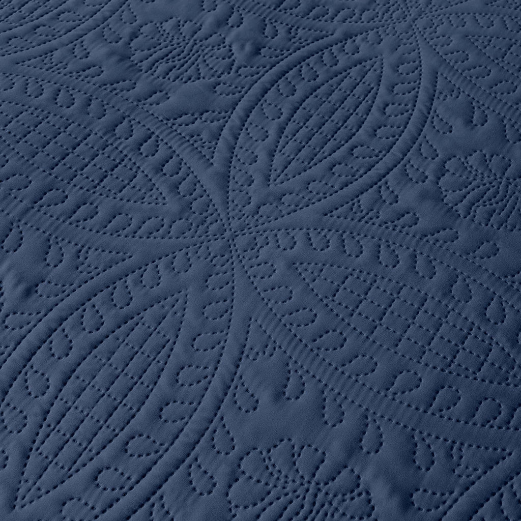 118"x106" Navy Quilt Set, Oversized Floor-Length Bedspread, Modern Coin Pattern Microfiber Coverlet