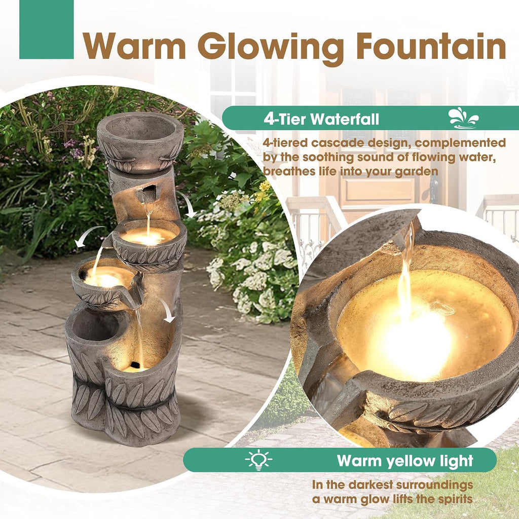 36" H Garden Water Fountains Outdoor, Waterfall Fountain with Lights | 4-Tier Large Cascading Leaf Carving Indoor