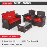 4 Piece Patio Furniture Sets, Wicker Conversation Set 4 All-Weather Outdoor Sectional Patio Sofa for Porch Deck with Red Cushion Brown Rattan Sofa Chair A106-B0DBPS1W4P