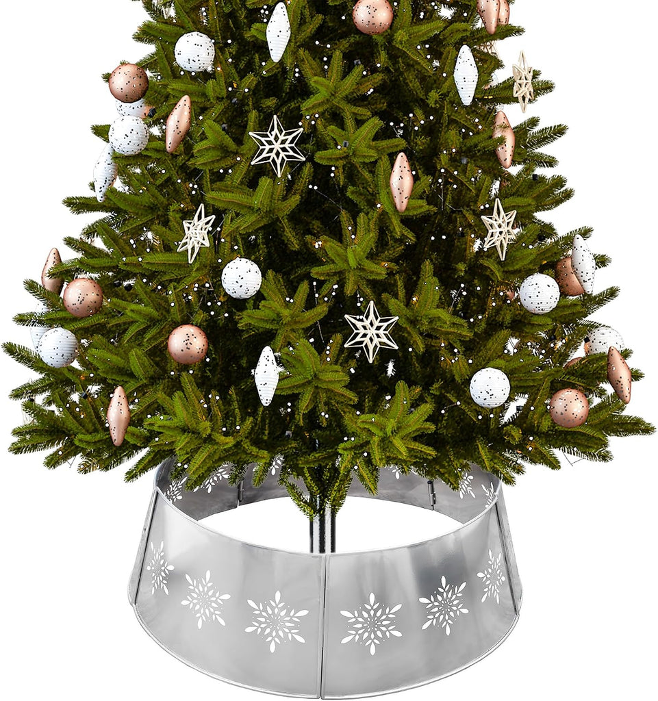 Snowflake Farmhouse Tree Collar (29-Inch Diameter Base, Silver), Vintage Enamelware, Christmas Tree Accent,Vintage