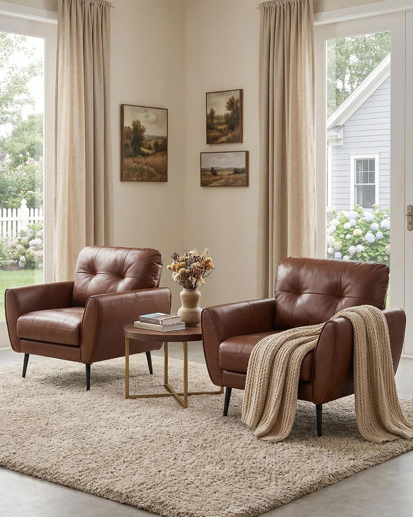 Brown Leather Accent Chairs, Tufted Reading Chairs - Set of 2